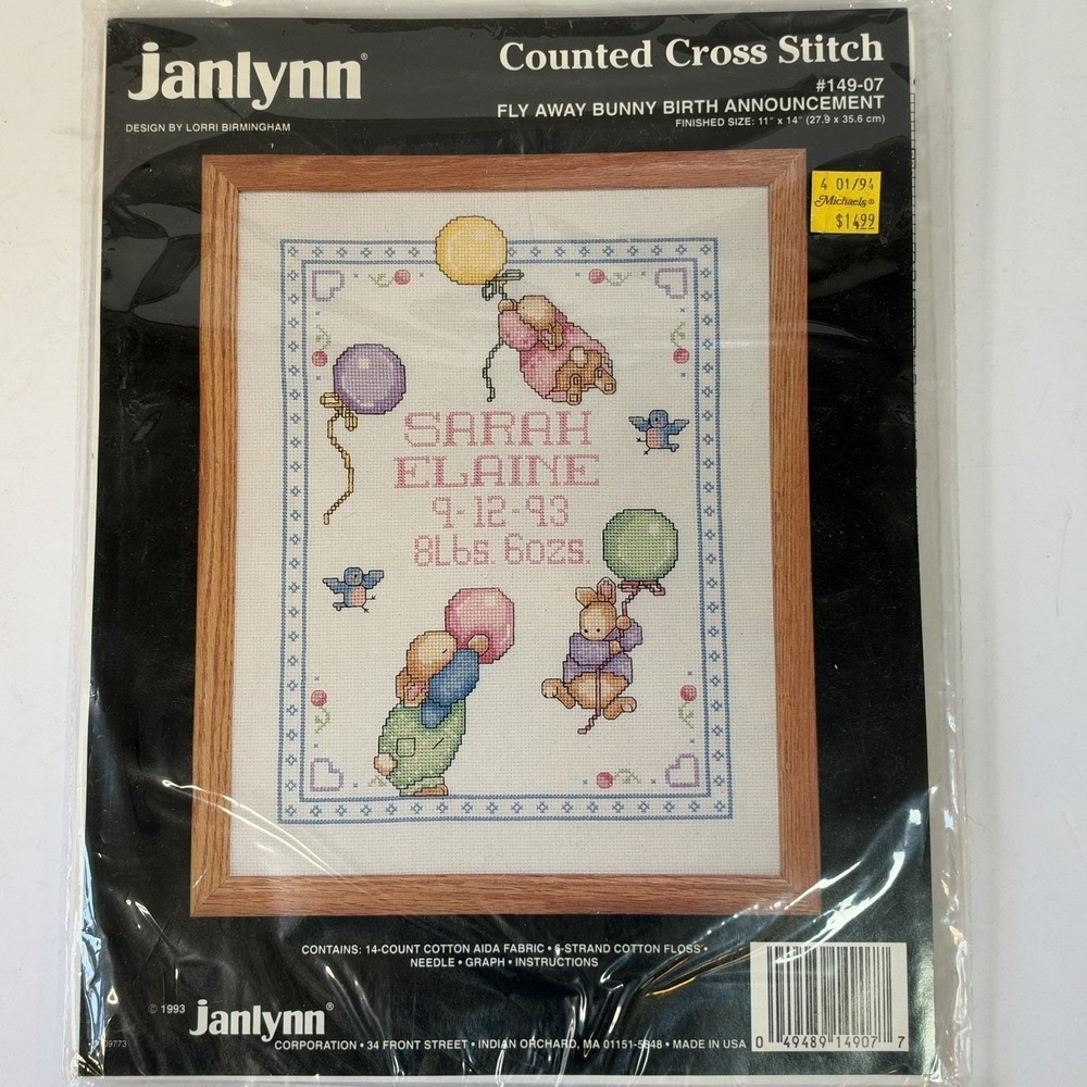 Janlynn Fly Away Bunny Birth Announcement Cross Stitch Kit #149-07 Vintage
